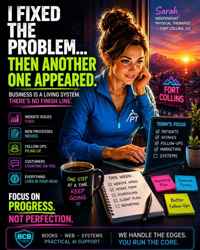 Bright neon cyberpunk-style physical therapist reviewing business improvements at sunrise while balancing website updates, client workflows, and operational growth with a focus on progress over perfection.