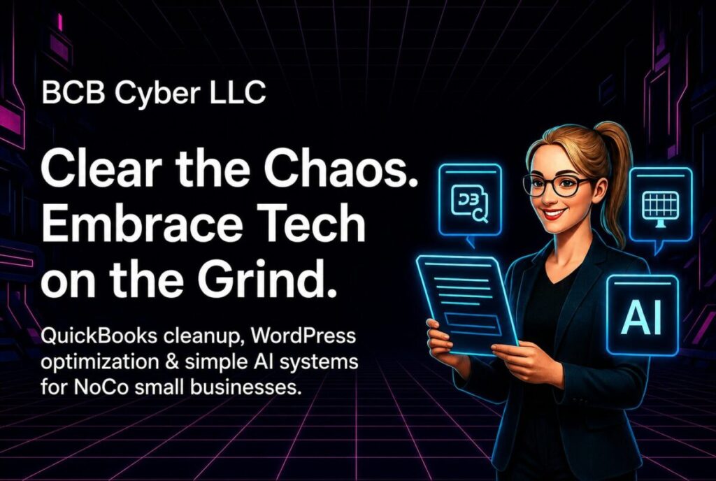 BCB Cyber LLC digital services banner featuring a technology consultant holding a tablet alongside icons representing bookkeeping, website optimization, and AI automation for Northern Colorado small businesses.