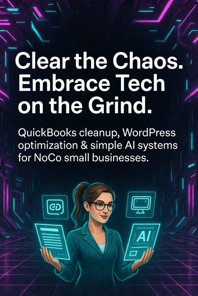 BCB Cyber LLC digital services banner featuring a technology consultant holding a tablet alongside icons representing bookkeeping, website optimization, and AI automation for Northern Colorado small businesses.