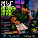 Bright neon cyberpunk-style landscaping business owner overwhelmed by calls, texts, estimates, and daily demands while struggling to make progress on important business improvements.