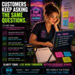 Bright neon cyberpunk-style massage therapist answering repeated customer questions while building FAQs and improving website clarity to reduce interruptions and improve customer experience.