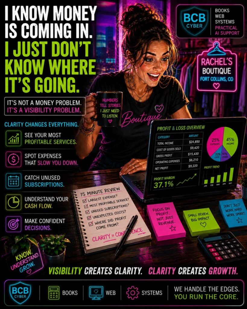 Bright neon cyberpunk-style boutique owner reviewing financial reports and spreadsheets while discovering expense trends, profit drivers, and opportunities hidden within her business numbers.
