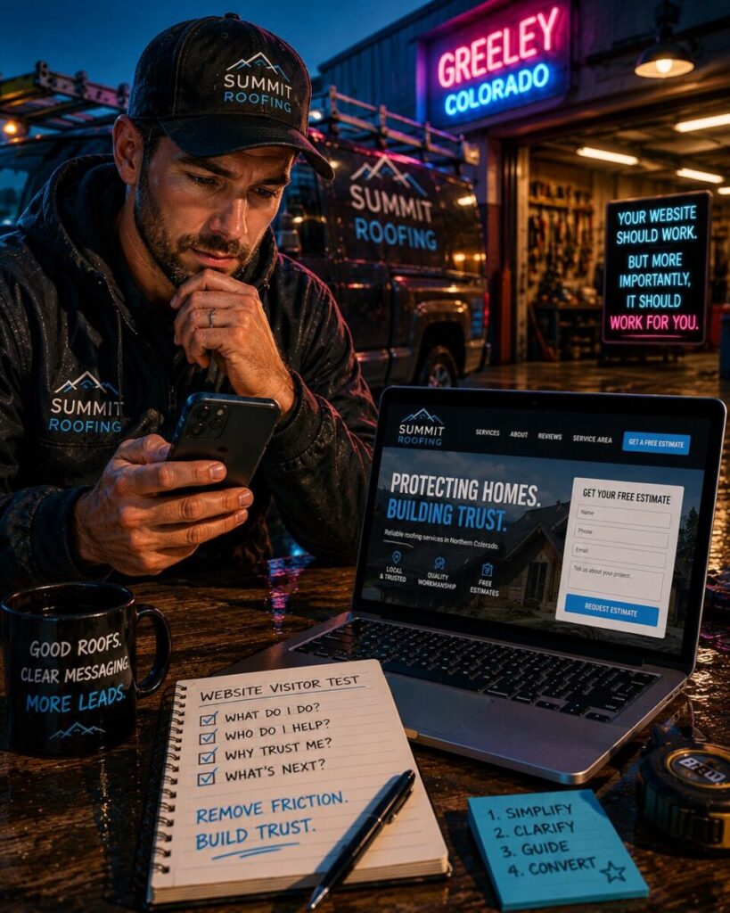 Bright neon cyberpunk-style roofing contractor reviewing his website on a mobile phone while investigating customer friction, trust signals, and website clarity issues.