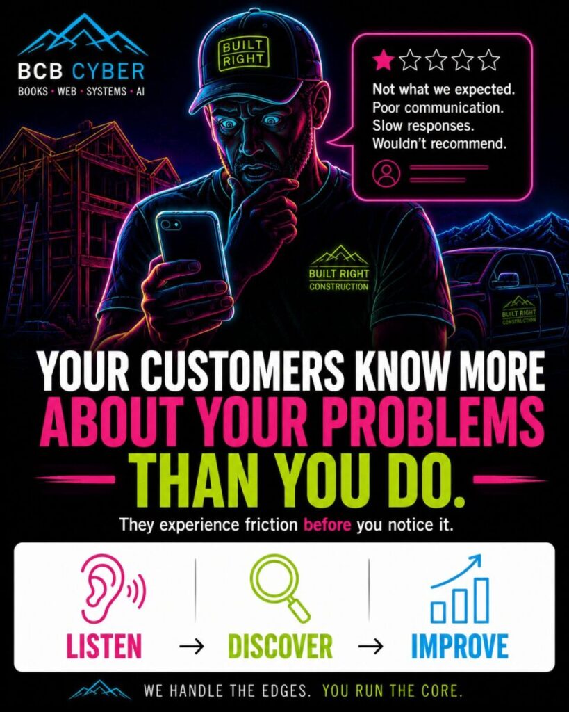 Minimalist neon-outline contractor reviewing customer feedback and realizing that customers often discover business friction before owners do.