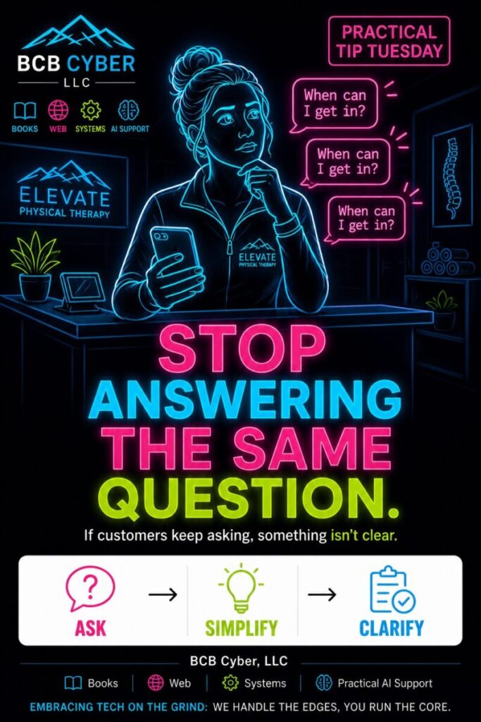 Minimalist neon-outline clinic owner realizing that repeated customer questions reveal a communication problem rather than a customer problem.