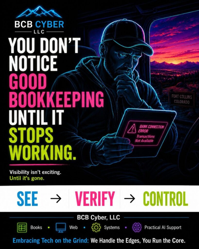 Minimalist neon-outline business owner reviewing a bank connection error and realizing the importance of financial visibility.