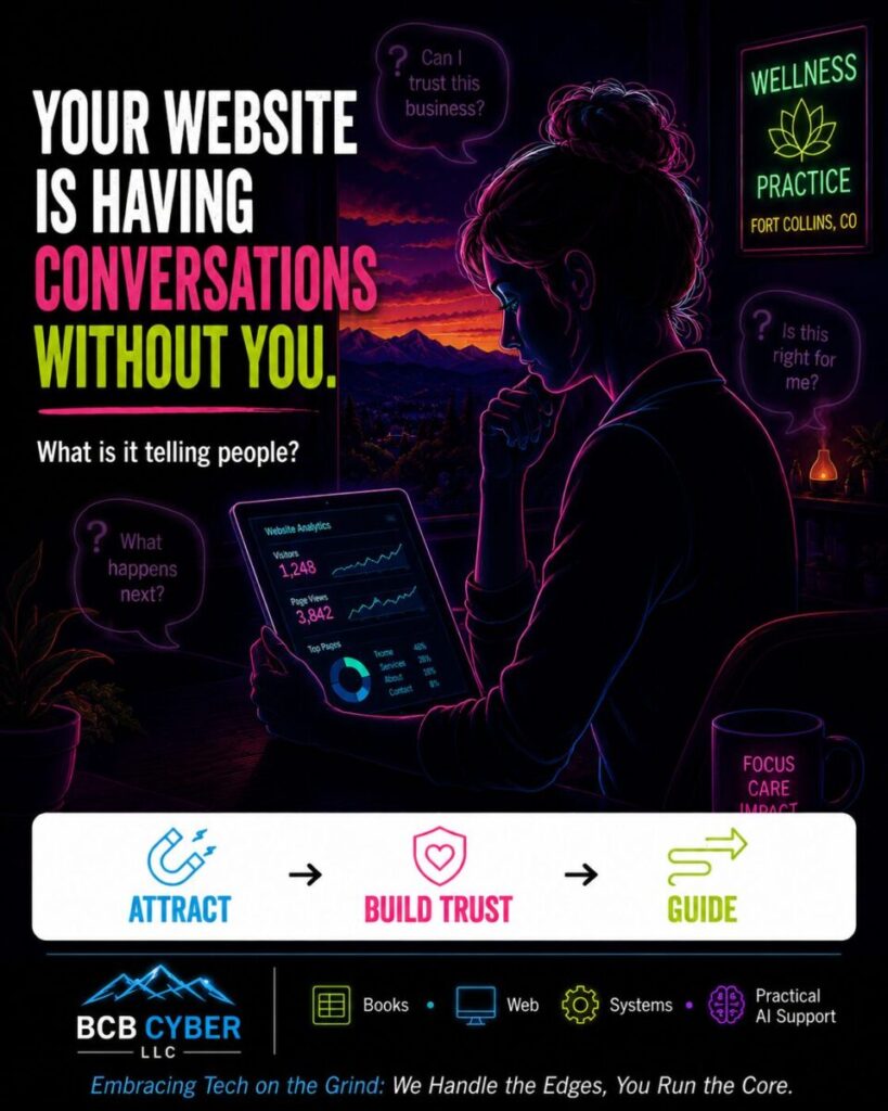Minimalist neon-outline wellness business owner reviewing website analytics and realizing her website may not be communicating clearly with visitors.