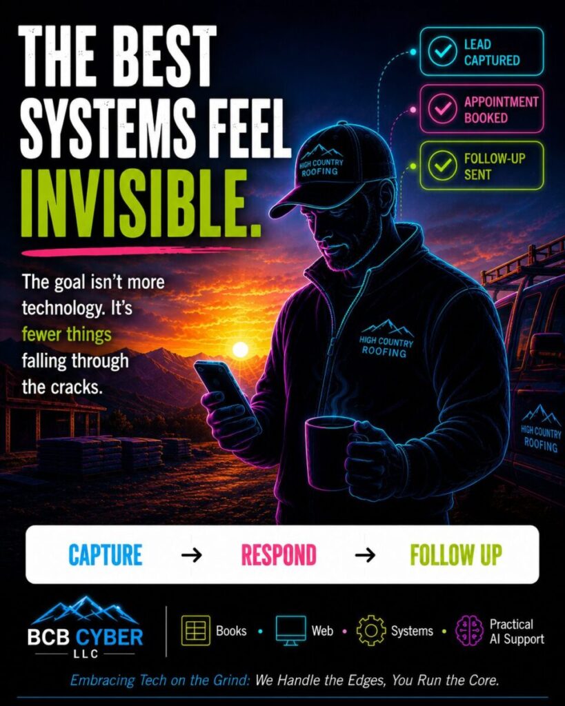 Minimalist neon-outline roofing company owner reviewing successful lead notifications at sunrise and realizing the value of strong business systems.