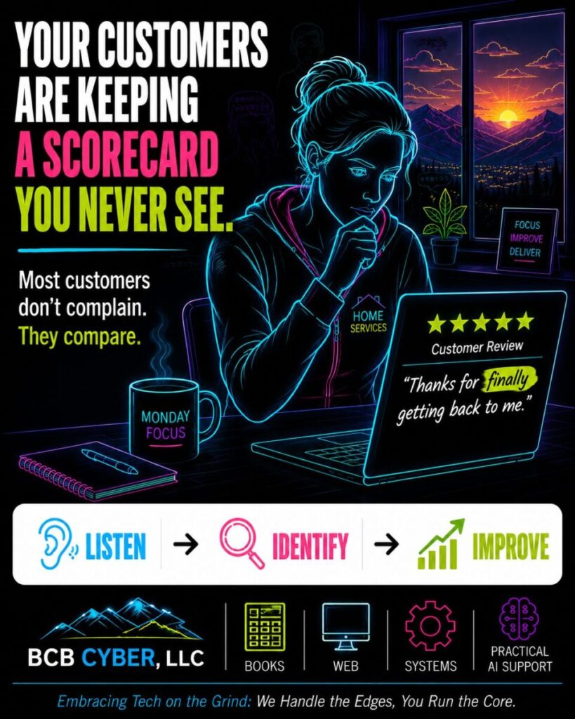 Minimalist neon-outline home services business owner reviewing a customer review and realizing that positive feedback can still contain hidden operational lessons.
