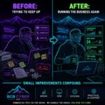 Cyberpunk-inspired neon-outline business owner comparing chaotic and organized business operations. Before-and-after visual showing bookkeeping, website, and automation improvements that reduce operational friction and save time.