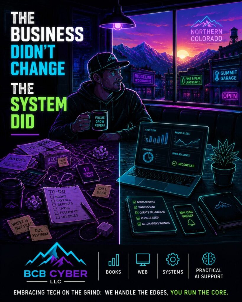 Minimalist neon-outline business owner sitting in a cyberpunk diner booth at sunrise. One side of the table is cluttered with paperwork and cables while the other side displays clean business dashboards. Neon Northern Colorado skyline visible through the window.