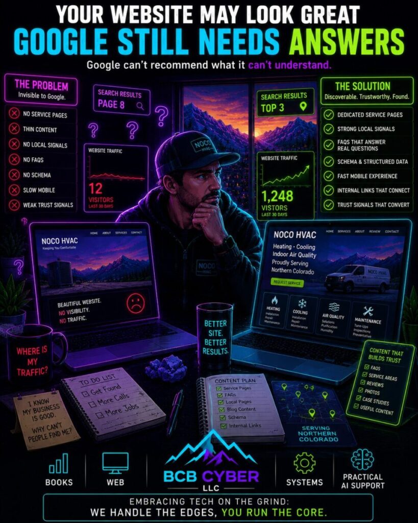 Bright neon-outline HVAC business owner sits in a Northern Colorado office overlooking mountain foothills while reviewing website analytics. One side displays a visually attractive website with little visibility while the other shows optimized service pages, FAQs, and improving search traffic.