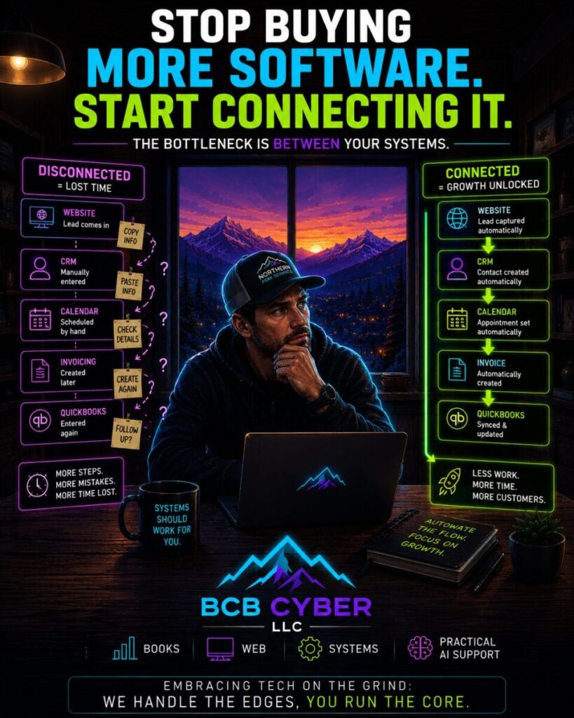 Neon-outline Northern Colorado business owner reviewing disconnected software platforms and connected automation workflows. The visual demonstrates how system integration reduces manual work and improves business efficiency.