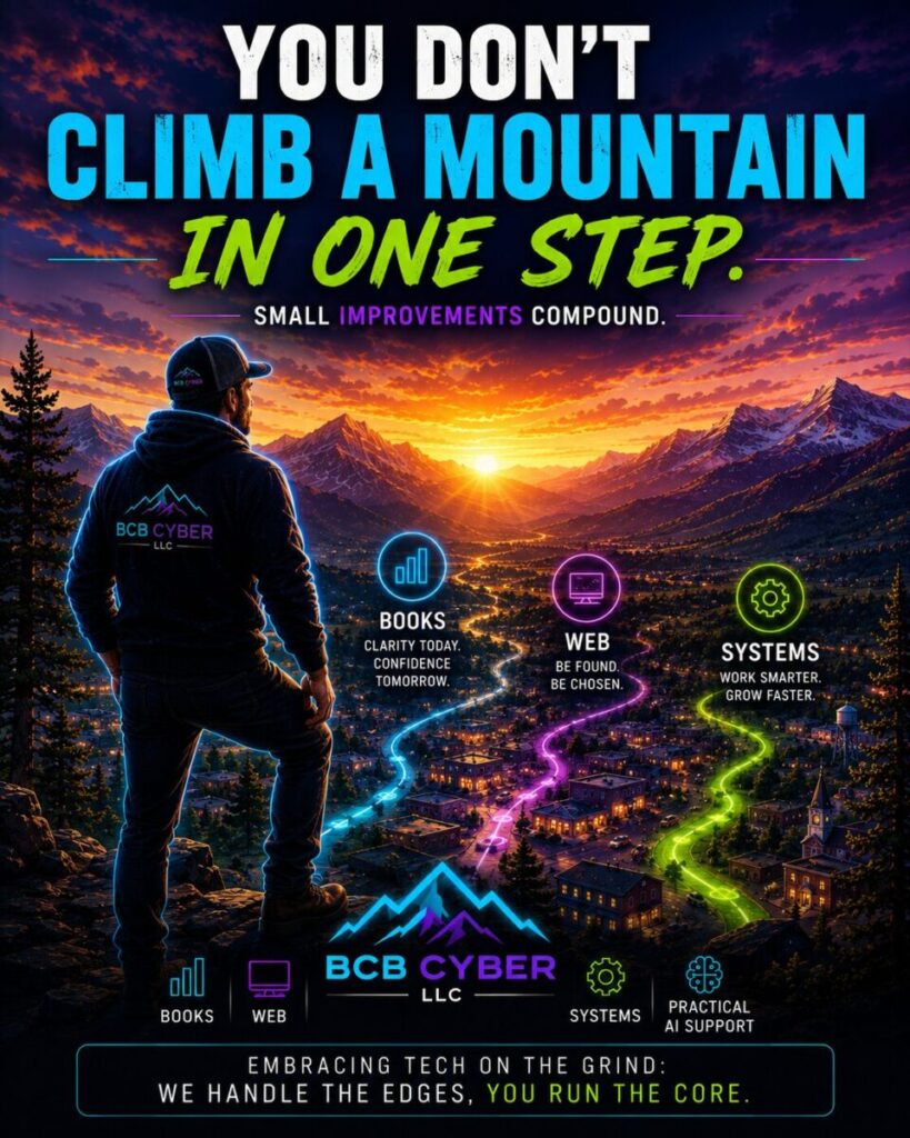 Bright neon-outline entrepreneur stands on a mountain overlook above a glowing Northern Colorado town at sunrise. Three illuminated roads representing Books, Web, and Systems stretch through the valley below.