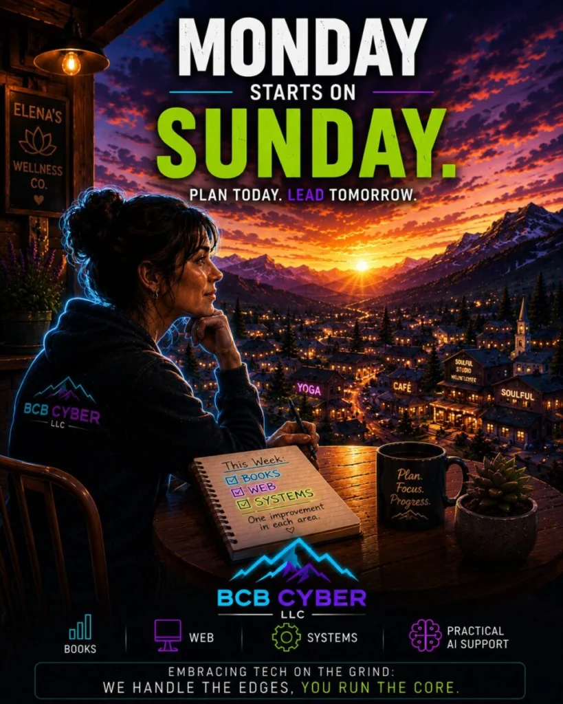 Bright neon-outline wellness business owner sits on a hillside coffee shop patio overlooking a glowing valley at dusk. A notebook contains three handwritten priorities labeled Books, Web, and Systems. The scene symbolizes weekly planning and intentional business growth.