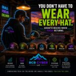 Neon-outline contractor stands in a mountain workshop beside a row of symbolic hats representing bookkeeping, websites, marketing, scheduling, customer service, and operations. The image symbolizes reducing business owner overload and creating sustainable growth.