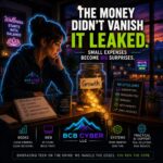 Neon-outline wellness business owner examines a glowing jar labeled Growth while small coins leak through cracks. The scene symbolizes hidden business expenses, subscription creep, and financial visibility.