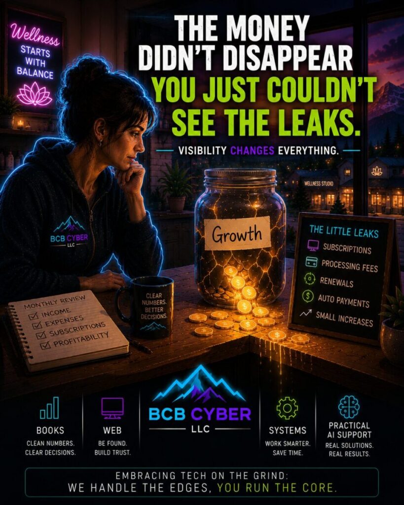 Bright neon-outline wellness business owner sits alone in a quiet wellness studio after closing hours, thoughtfully examining a glowing jar labeled “Growth” that is cracked and slowly leaking golden coins. A mountain twilight scene is visible through the storefront windows while a notebook, coffee mug, and expense review checklist sit nearby. The image symbolizes hidden business expenses, subscription creep, recurring fees, and the importance of financial visibility for small business owners.