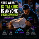 Neon-outline small business owner unfolds a paper airplane labeled "Website" inside a downtown café while customer questions are revealed across the paper. A ringing phone and a fictional Northern Colorado main street symbolize how better website messaging creates more customer inquiries.