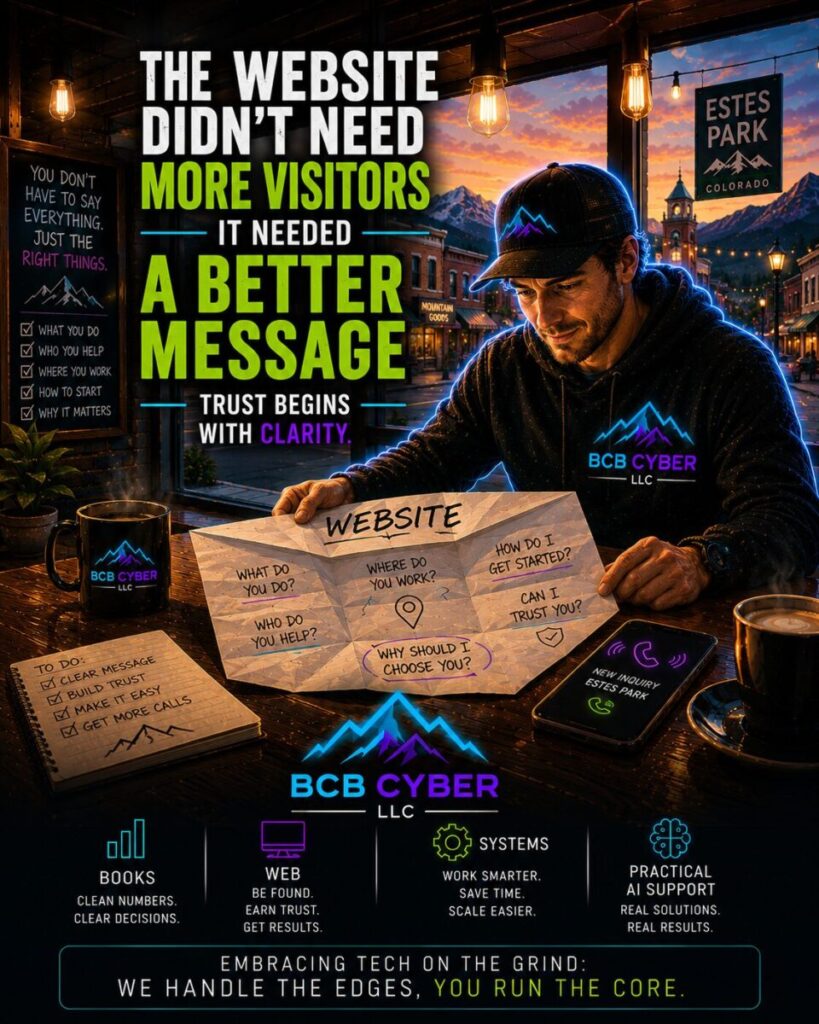 Bright neon-outline small business owner sits in a quiet downtown café reviewing an unfolded paper airplane labeled "Website." The paper reveals handwritten customer questions such as "What do you do?", "Who do you help?", "Where do you work?", and "Can I trust you?" while a phone displaying a new customer inquiry rests nearby. A fictional Northern Colorado main street comes to life outside the café windows, symbolizing how clear website messaging builds trust and turns visitors into customers.
