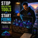 Neon-outline IT business owner organizes a toolbox inside a mountain workshop at sunrise, choosing one glowing screwdriver from many futuristic tools. The scene symbolizes practical AI, workflow automation, and solving one business problem at a time.