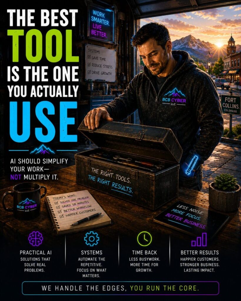 Bright neon-outline IT consultant stands inside a tidy mountain workshop at sunrise, closing a neatly organized toolbox after choosing the tools that matter most. A glowing screwdriver rests in his back pocket while a notebook of completed workflow improvements sits beside a coffee mug on the workbench. Through the open garage door, a fictional Northern Colorado downtown comes to life beneath the morning sun, symbolizing practical AI, streamlined business systems, and solving one real business problem instead of collecting unnecessary technology.