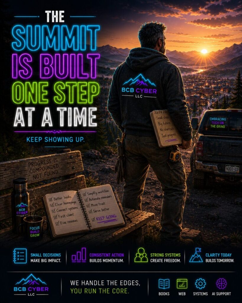 Bright neon-outline contractor stands on a mountain overlook at sunrise above a fictional Northern Colorado town, holding a well-worn notebook filled with completed business milestones. A weathered wooden bench, thermos, and open notebook remain behind him while his pickup truck waits nearby. The peaceful scene symbolizes how consistent small improvements, steady systems, and daily perseverance build long-term business success one step at a time.