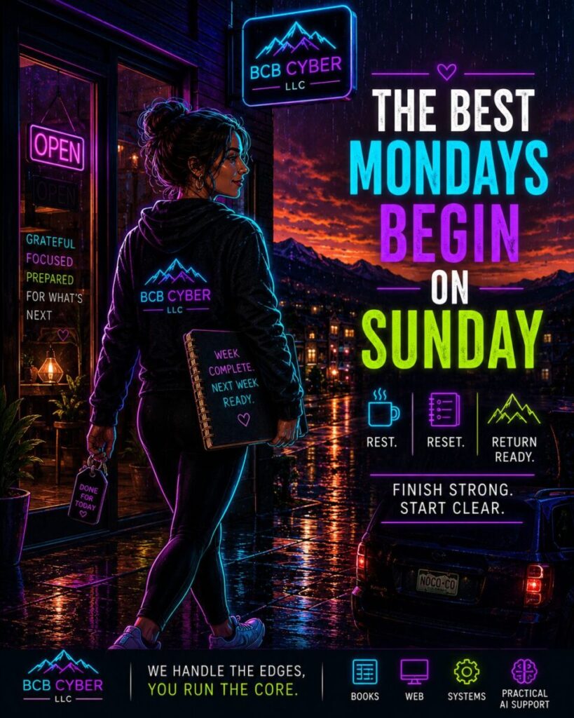 Bright neon-outline wellness business owner leaves her quiet studio on a rainy Sunday evening carrying a notebook beneath one arm while locking up for the night. Warm light glows from inside the studio as the OPEN sign goes dark and rain reflects across the streets of a fictional Northern Colorado town. The peaceful scene symbolizes completing the week with intention, preparing for Monday, and building a successful business through consistent routines and thoughtful planning. A weekly business reset helps to set the stage for a successful week in business. 