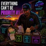 Neon-outline landscaping business owner organizes paperwork from an overflowing mailbox into three crates labeled "Now," "This Week," and "Delegate." The sunrise scene in a fictional Northern Colorado landscape symbolizes business organization, prioritization, and reducing operational stress.