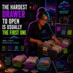 Neon-outline bookkeeper organizes an overflowing filing cabinet into neatly labeled folders inside a welcoming office with a fictional Northern Colorado mountain view. The scene represents bookkeeping cleanup, financial organization, and reducing stress through consistent habits.