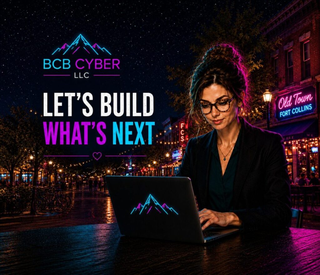 BCB Cyber LLC mobile website hero featuring a professional woman working on a laptop against a neon Northern Colorado mountain backdrop, with QuickBooks, WordPress, AI systems, financial clarity, web presence, and practical business support messaging.
