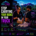 Neon-outline bookkeeper organizes fuel and supply receipts on the tailgate of a work truck before placing them into a labeled expense envelope. A fictional Northern Colorado mountain landscape symbolizes organized bookkeeping, expense tracking, and reducing financial stress through consistent habits.