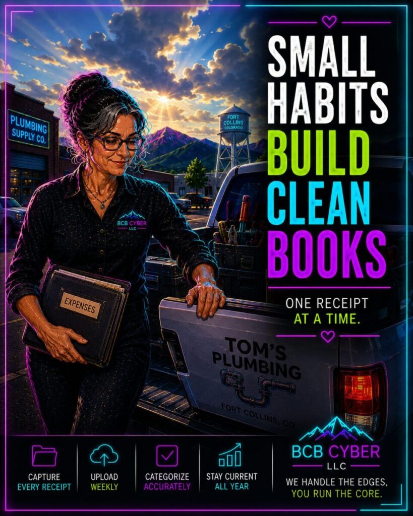 Bright neon-outline bookkeeper Rachel closes the tailgate of a plumbing company work truck while carrying a neatly organized expense binder labeled "Expenses" on a warm July morning. The receipts that once covered the tailgate have been organized and put away, leaving the truck clean and ready for the day's work. Behind her, a fictional Northern Colorado industrial district, Front Range mountains, and dramatic summer clouds create a hopeful backdrop, symbolizing how consistent bookkeeping habits transform scattered paperwork into financial clarity and peace of mind—one receipt at a time.