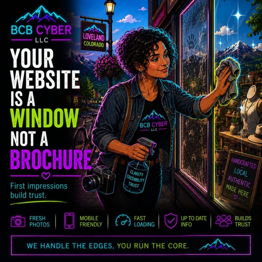 Neon-outline web designer cleans a boutique storefront window in a fictional Northern Colorado downtown while carrying a vintage camera. Bright sunlight, colorful flower baskets, and mountain scenery symbolize website optimization, customer trust, and strong digital first impressions.