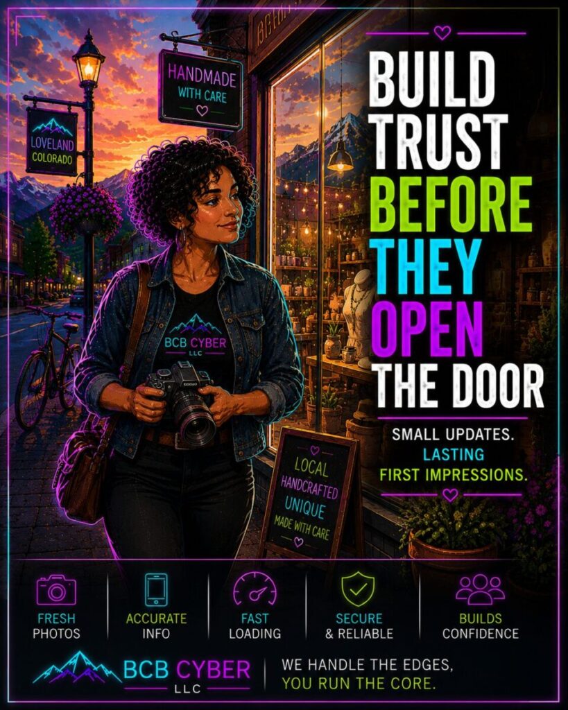 Neon-outline web designer cleans a boutique storefront window in a fictional Northern Colorado downtown while carrying a vintage camera. Bright sunlight, colorful flower baskets, and mountain scenery symbolize website optimization, customer trust, and strong digital first impressions.