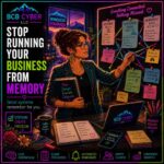 Neon-outline event planner stands beside an elegant project board connected with colorful strings inside a creative Northern Colorado studio. Flowers, notebooks, and organized workflows symbolize replacing mental overload with dependable business systems and practical automation.