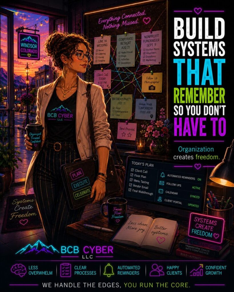 Neon-outline event planner stands beside an elegant project board connected with colorful strings inside a creative Northern Colorado studio. Flowers, notebooks, and organized workflows symbolize replacing mental overload with dependable business systems and practical automation.