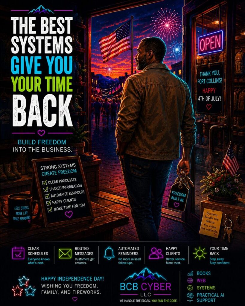 Bright neon-outline outdoor shop owner leaves a fictional Northern Colorado storefront on Independence Day evening after placing his shop keys on a hook inside. Families walk toward community fireworks beneath a mountain sunset while the organized store glows warmly behind him, symbolizing how strong business systems give owners time back for family, community, and life beyond work.