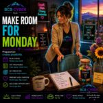 Neon-outline wellness business owner prepares her studio on a peaceful Sunday evening beside an empty client chair, an open notebook, and a colorful Growth Jar. A warm Northern Colorado sunset symbolizes thoughtful planning, weekly organization, and welcoming a productive new week.