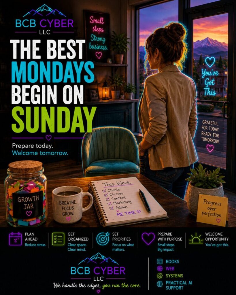 Bright neon-outline wellness business owner prepares her cozy studio on a quiet Sunday evening by straightening an empty client chair beside an open notebook and a colorful Growth Jar. Warm sunlight, fresh flowers, and a fictional Northern Colorado foothill backdrop symbolize thoughtful planning, weekly preparation, and creating space for future opportunities.