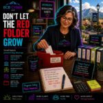 Neon-outline accountant organizes the last documents from a bright red bookkeeping folder inside a warm Northern Colorado office with labeled binders, coffee, plants, and mountain views, representing weekly bookkeeping habits and financial organization.
