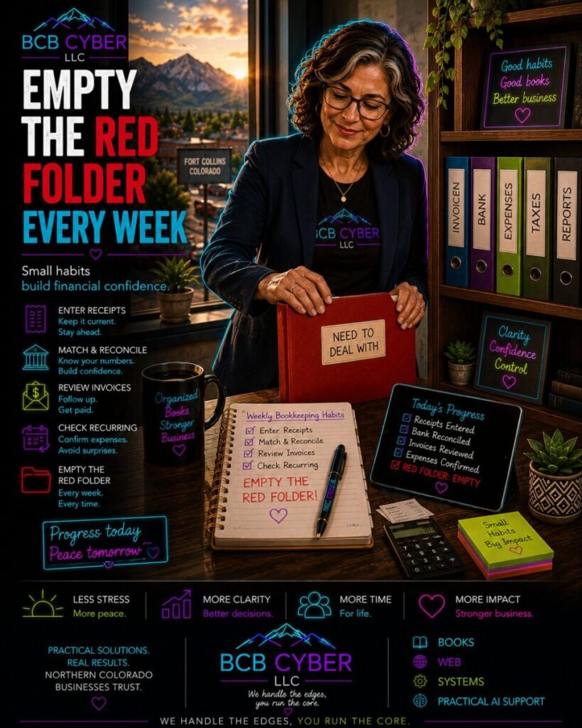 Neon-outline accountant organizes the last documents from a bright red bookkeeping folder inside a warm Northern Colorado office with labeled binders, coffee, plants, and mountain views, representing weekly bookkeeping habits and financial organization.