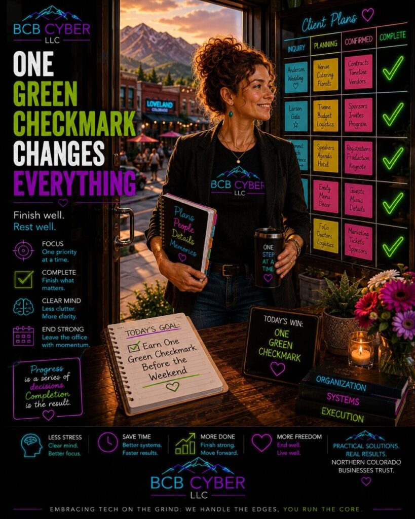 Bright neon-outline event planner smiles while placing a glowing green checkmark onto a colorful planning wall inside a modern Northern Colorado office. Client cards, notebooks, coffee, plants, and mountain views symbolize productivity, operational clarity, and completing meaningful work instead of simply staying busy. Small business productivity is the focus.