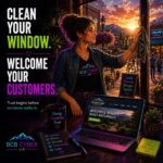 Creative web designer cleans a storefront window overlooking a vibrant Northern Colorado downtown while an updated website glows on a nearby laptop, symbolizing website maintenance, customer trust, and strong first impressions.