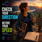 A business owner sits in a cozy office overlooking the Northern Colorado foothills with a brass compass, planner, coffee, and notebook on a wooden desk, symbolizing weekly planning, operational clarity, and starting the week with purpose.