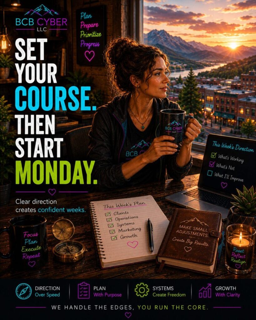 A business owner sits in a cozy office overlooking the Northern Colorado foothills with a brass compass, planner, coffee, and notebook on a wooden desk, symbolizing weekly business planning, operational clarity, and starting the week with purpose.
