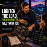A neon-outline operations engineer named Liam carries a lighter backpack while overlooking a fictional Northern Colorado mountain landscape, symbolizing streamlined business systems, simplified workflows, and operational efficiency through the removal of unnecessary processes.