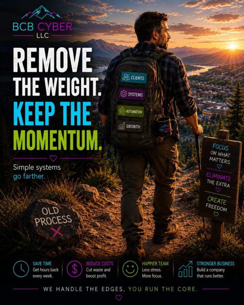 A neon-accented illustration shows Liam, BCB Cyber's operations engineer, standing on a mountain overlook above a fictional Northern Colorado city at sunrise. Wearing a flannel overshirt over a black BCB Cyber shirt, he carries a lighter hiking backpack with organized sections labeled "Clients," "Systems," "Automation," and "Growth," symbolizing streamlined business operations. A discarded rock labeled "Old Process" rests beside the trail, representing outdated workflows left behind. Bold text reads, "Remove the Weight. Keep the Momentum." with the message "Simple systems go farther." The scene reinforces that reducing operational friction, simplifying processes, and removing unnecessary work creates freedom, momentum, and sustainable business growth. The footer highlights BCB Cyber's services in Books, Web, Systems, and Practical AI Support with the tagline, "We Handle the Edges, You Run the Core."