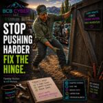 Neon-outline landscaping business owner repairs a dragging equipment-yard gate in a fictional Northern Colorado setting, representing business process improvement, workflow optimization, and the importance of fixing inefficient systems instead of relying on repeated workarounds.