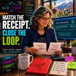 Neon-outline bookkeeper compares receipts with a bank transaction inside a Northern Colorado office, illustrating receipt organization, bookkeeping reconciliation, QuickBooks accuracy, and resolving financial discrepancies before month-end.